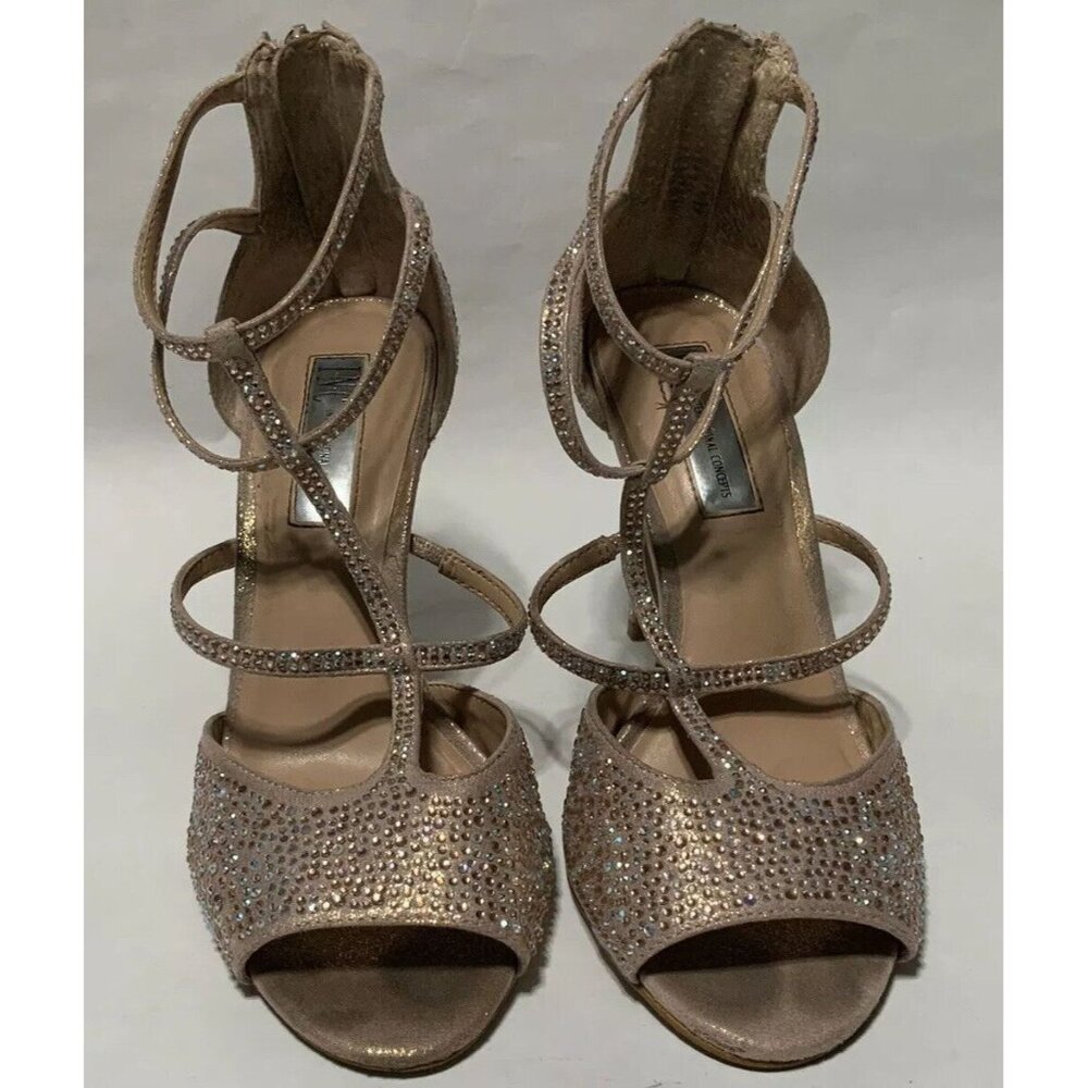 INC Rhinestone Embellished Strappy Heels With Back Zipper Womens Size 7M Beige